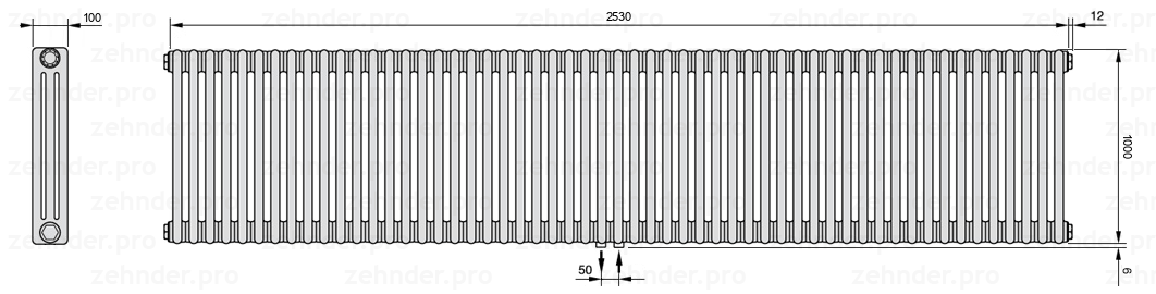 Схема (чертеж) Радиатор Zehnder Charleston 3100/55 №5410 Белый глянцевый RAL 9016